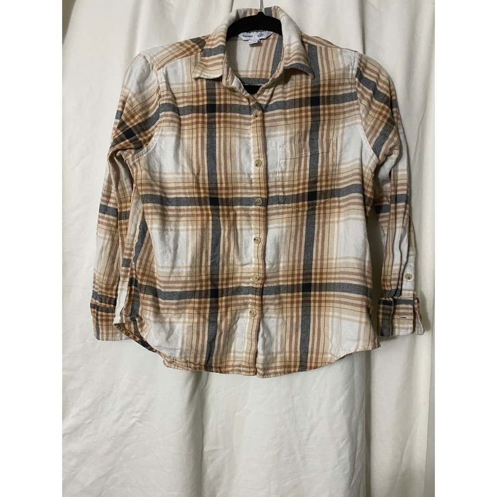 Old Navy The Classic Shirt Tan Brown Plaid Button Down Flannel Cotton Petite S